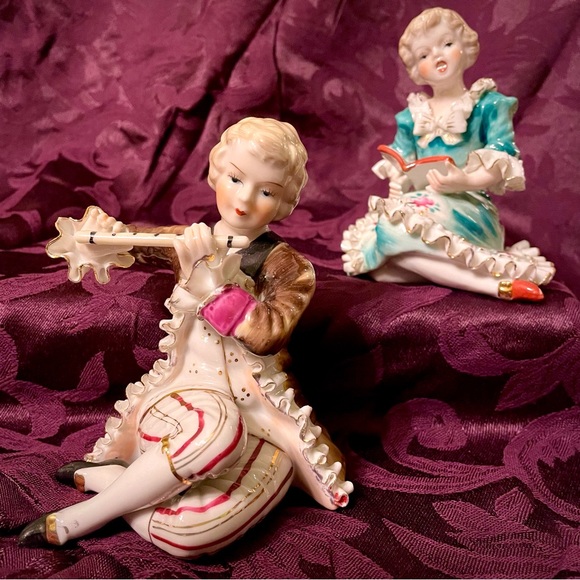 Victorian Lace Porcelain Boy & Girl Figurine Set - Picture 3 of 13